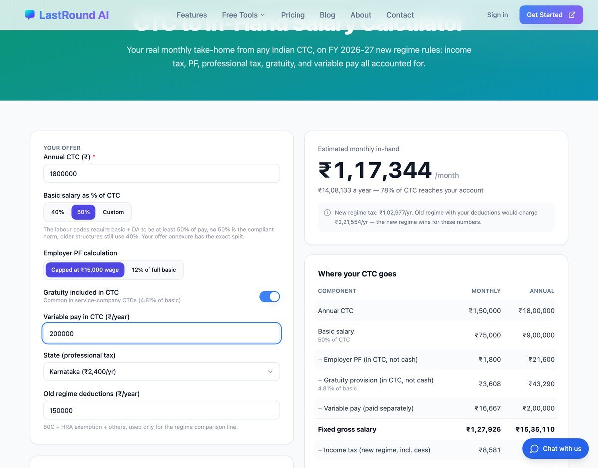 LastRound AI CTC to in-hand salary calculator showing a monthly take-home of Rs 1,17,344 on an 18 lakh CTC