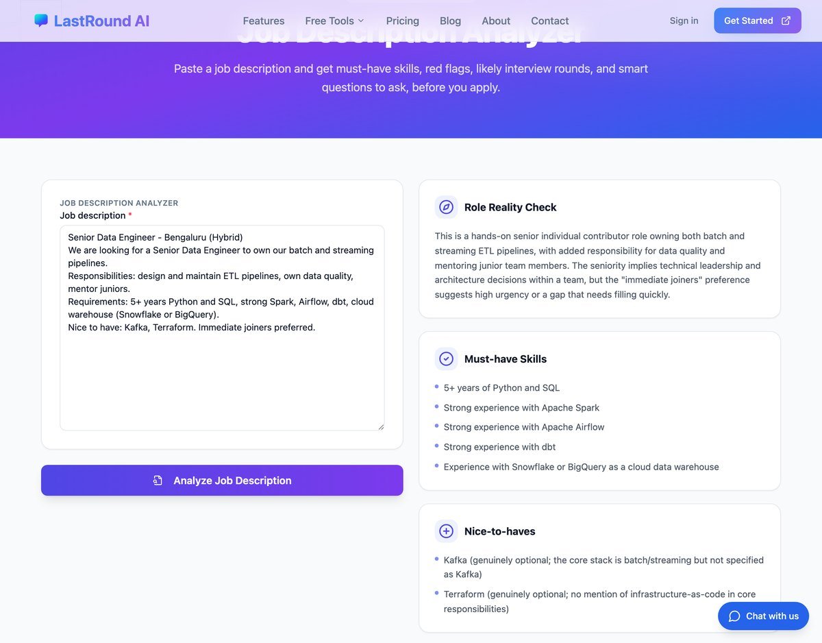LastRound AI job description analyzer showing a role reality check and must-have skills
