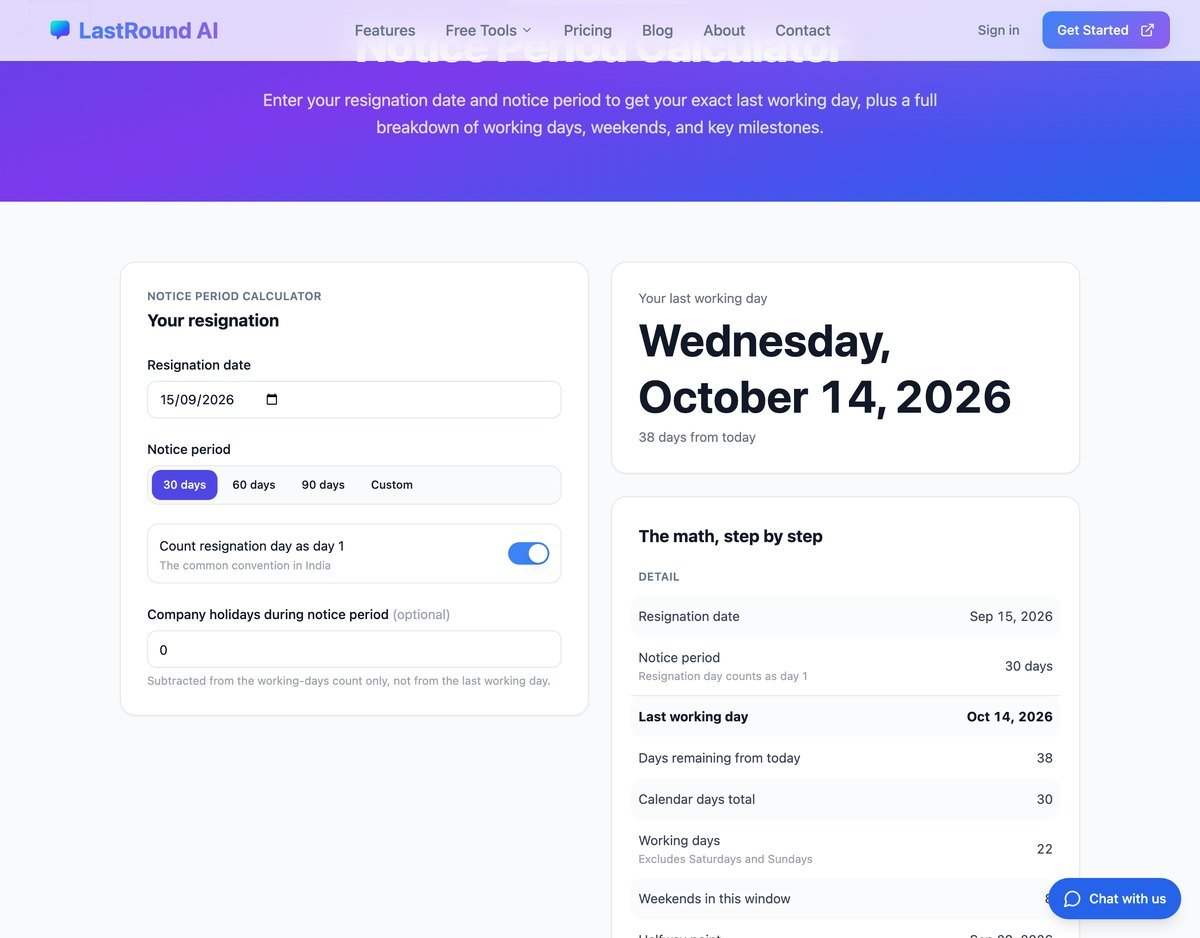 LastRound AI notice period calculator showing a last working day of Wednesday 14 October 2026