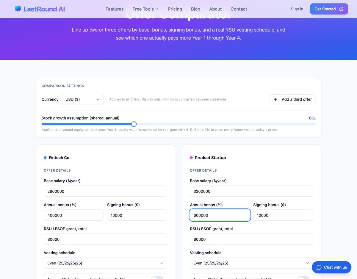 LastRound AI offer comparator lining up two job offers side by side with base, bonus and RSU