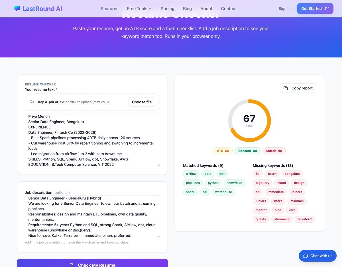 LastRound AI resume checker showing an ATS score of 67 with matched and missing keywords