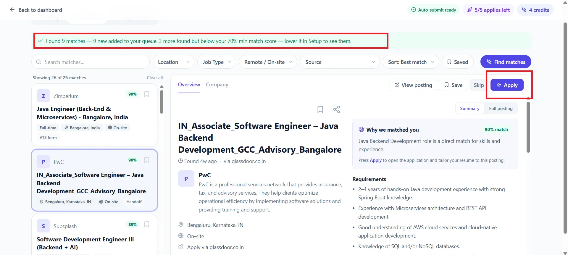 Matches tab with a list of matched roles and a job detail pane showing the Apply button