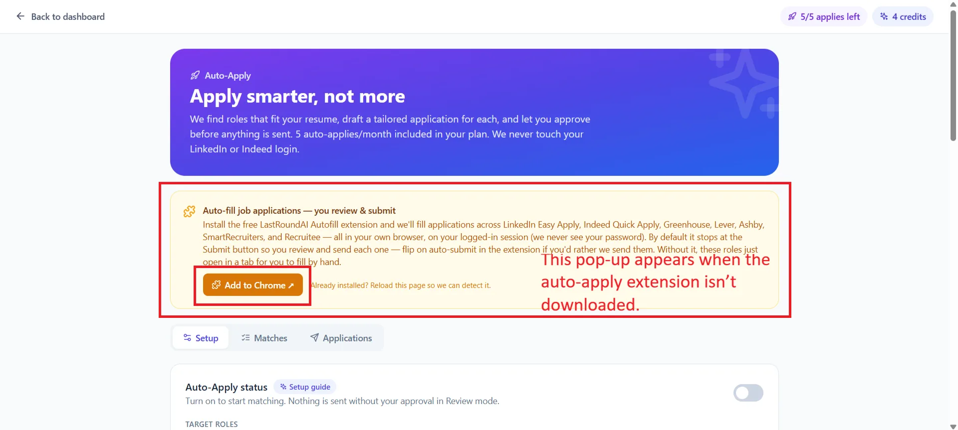 Auto-Apply setup page showing the install banner with an Add to Chrome button
