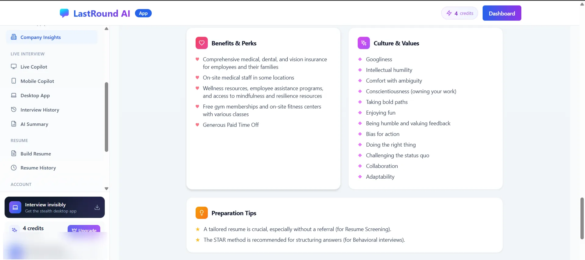 Benefits and Perks, Culture and Values and Preparation Tips sections of a Company Insights report