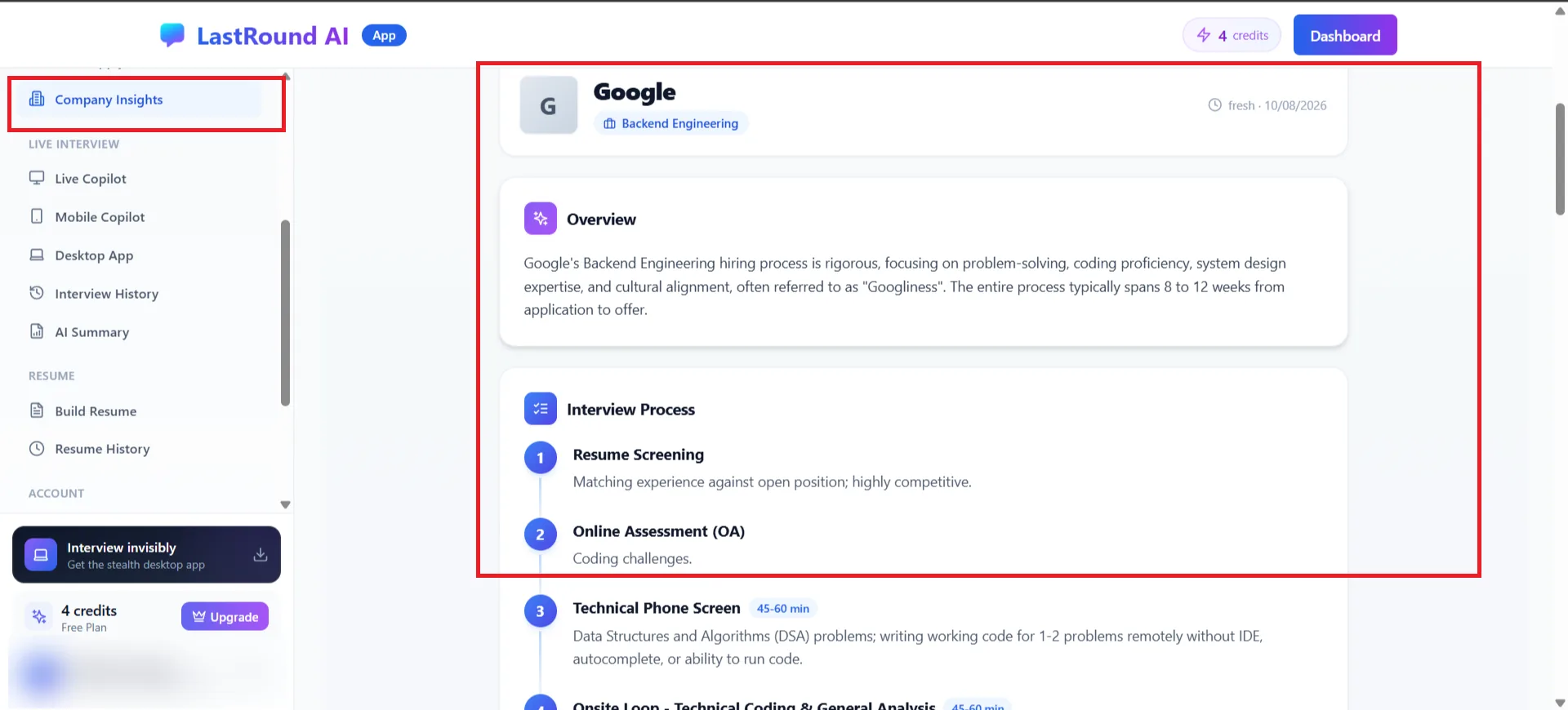 Company Insights report header with the company name, freshness date, Overview text and the numbered Interview Process