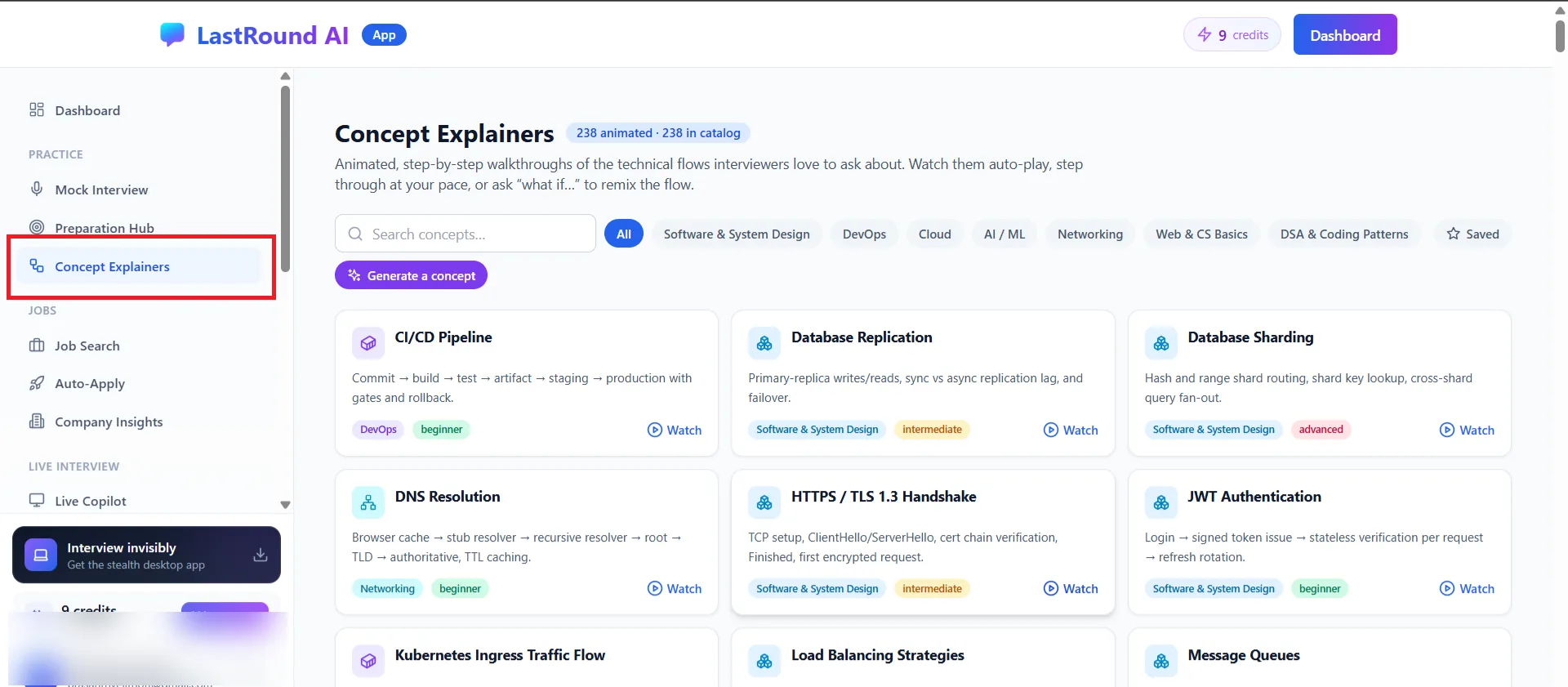 Concept Explainers catalog with search, category filters and concept cards such as CI/CD Pipeline and Database Sharding