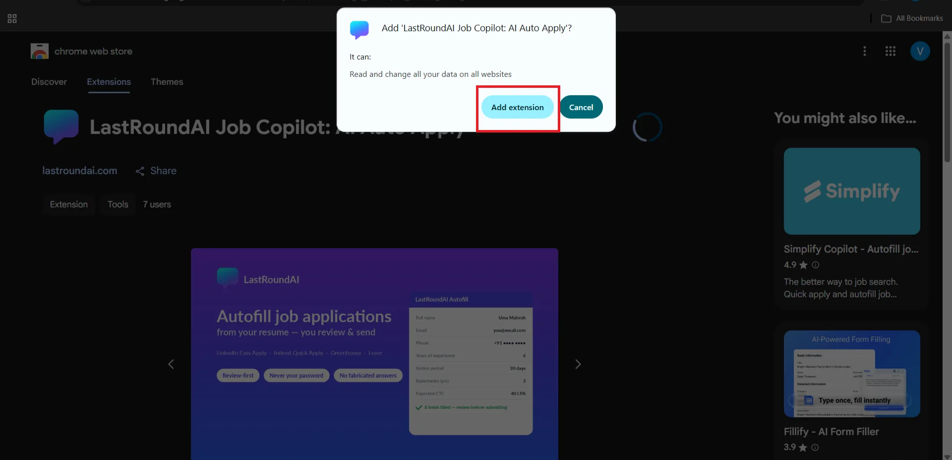Chrome dialog asking to add LastRoundAI Job Copilot with an Add extension button
