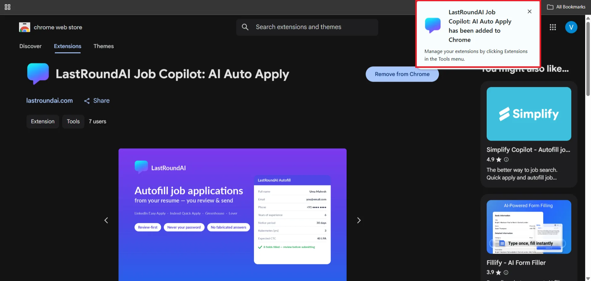 Chrome confirmation that LastRoundAI Job Copilot: AI Auto Apply has been added, and the store button now reads Remove from Chrome