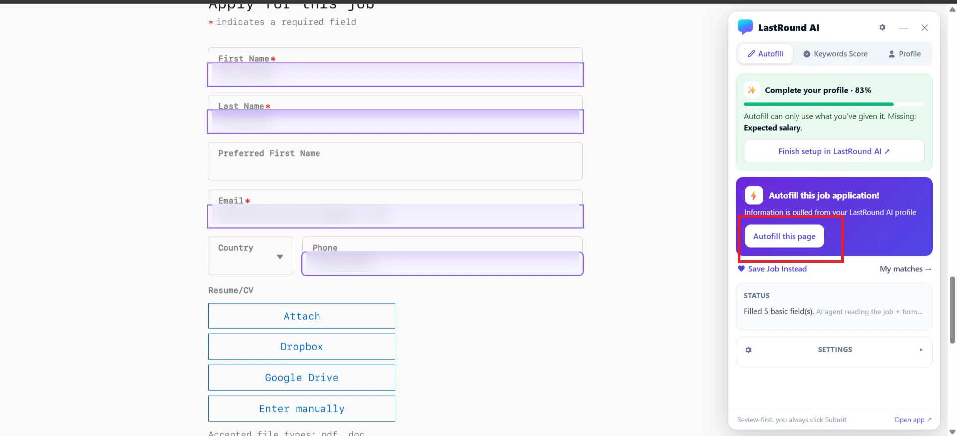 An employer application form with the LastRound AI extension panel open and the Autofill this page button highlighted