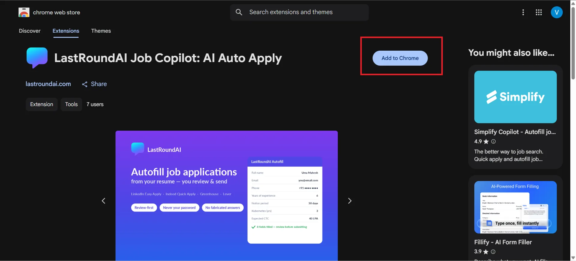 Chrome Web Store page for LastRoundAI Job Copilot: AI Auto Apply with the Add to Chrome button highlighted