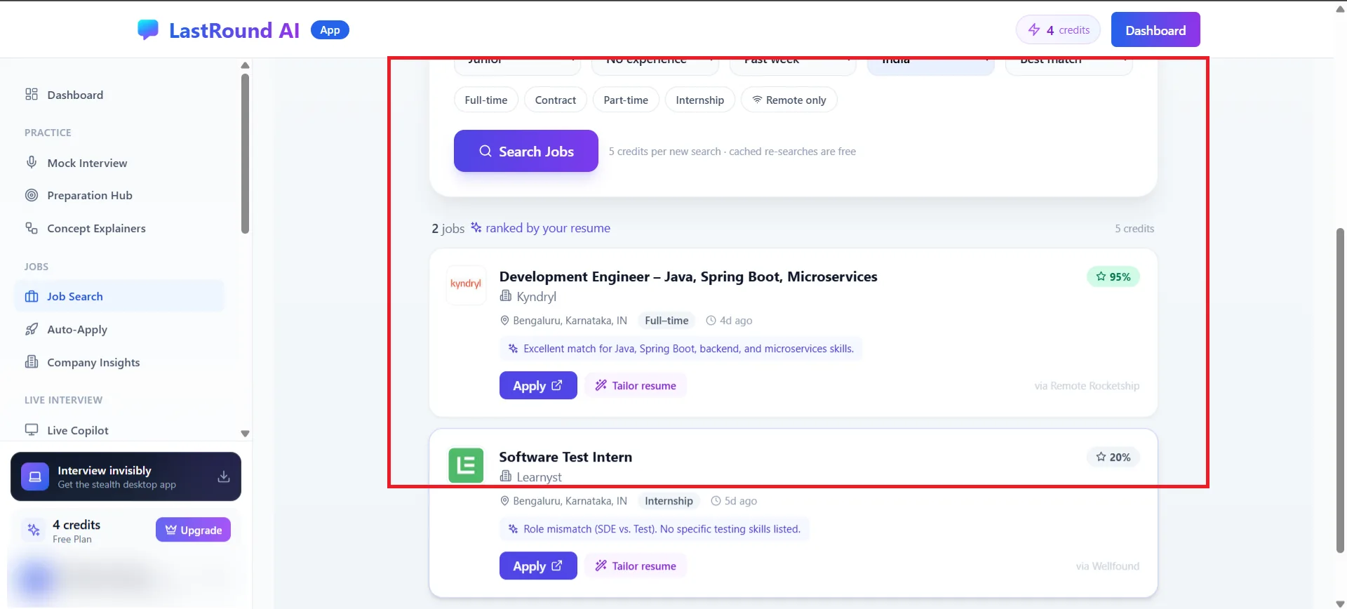 Job Search results ranked by resume with match scores, matching explanations and Apply and Tailor resume buttons