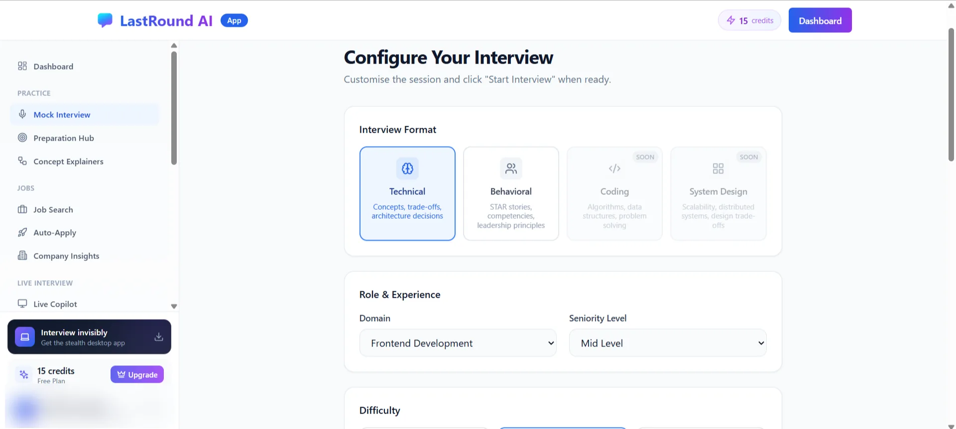 Configure Your Interview screen showing the Interview Format cards and the Role and Experience selectors