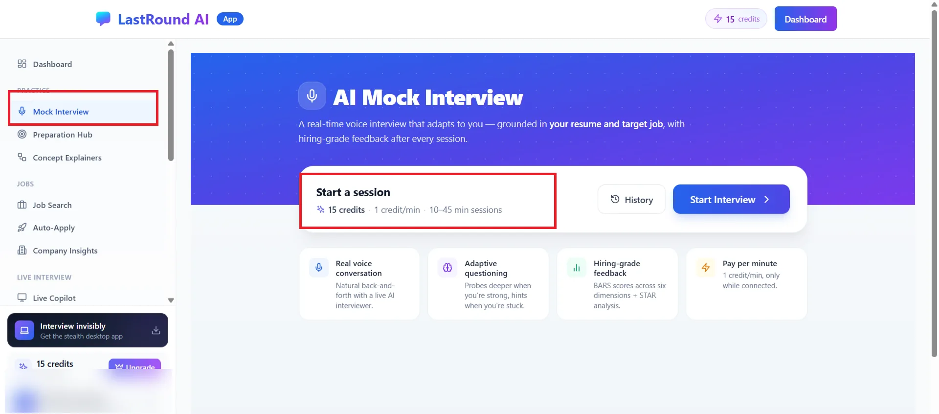 AI Mock Interview page with the Start a session card showing credits, 1 credit per minute and the Start Interview button
