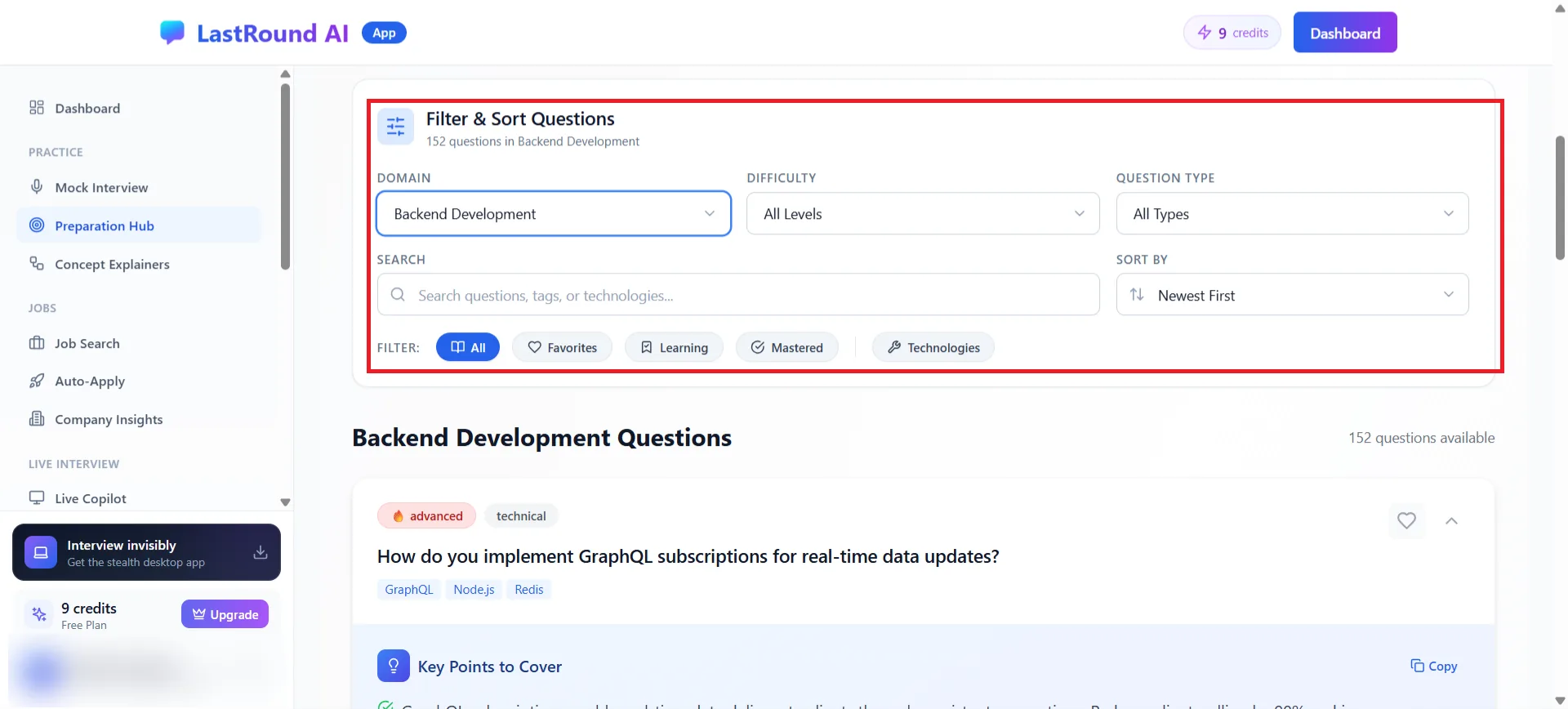 Filter and Sort Questions panel with Domain, Difficulty, Question Type, search box, sort order and filter chips