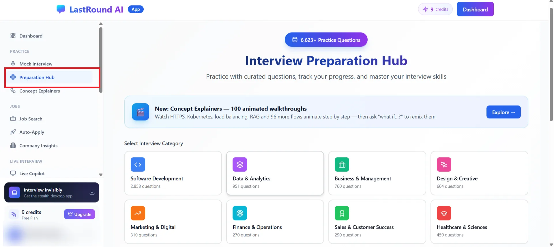 Interview Preparation Hub with eight category cards and the total number of practice questions