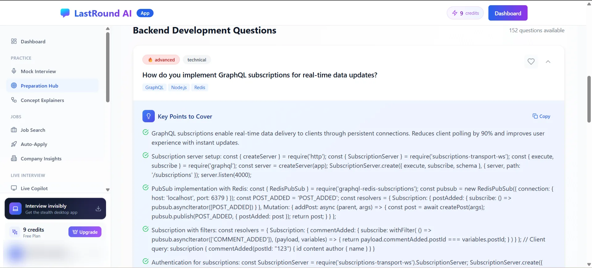 An expanded Backend Development question showing technology tags and a Key Points to Cover list with a Copy button