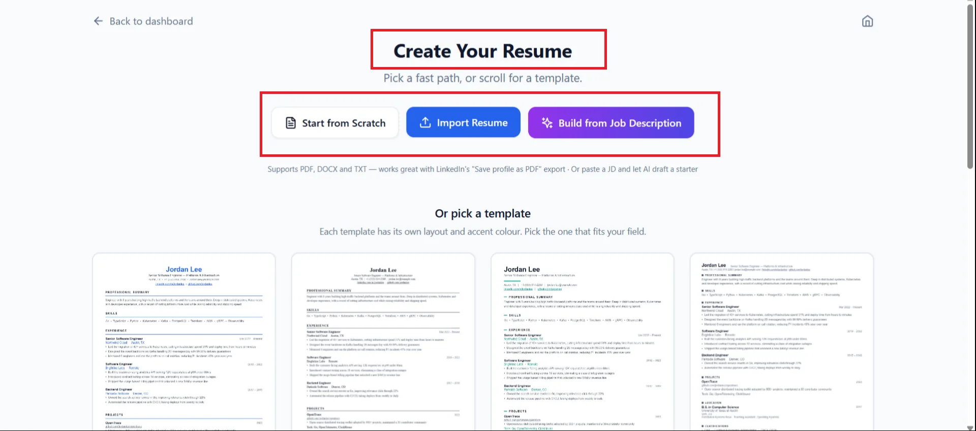Create Your Resume screen with Start from Scratch, Import Resume and Build from Job Description buttons above a template gallery