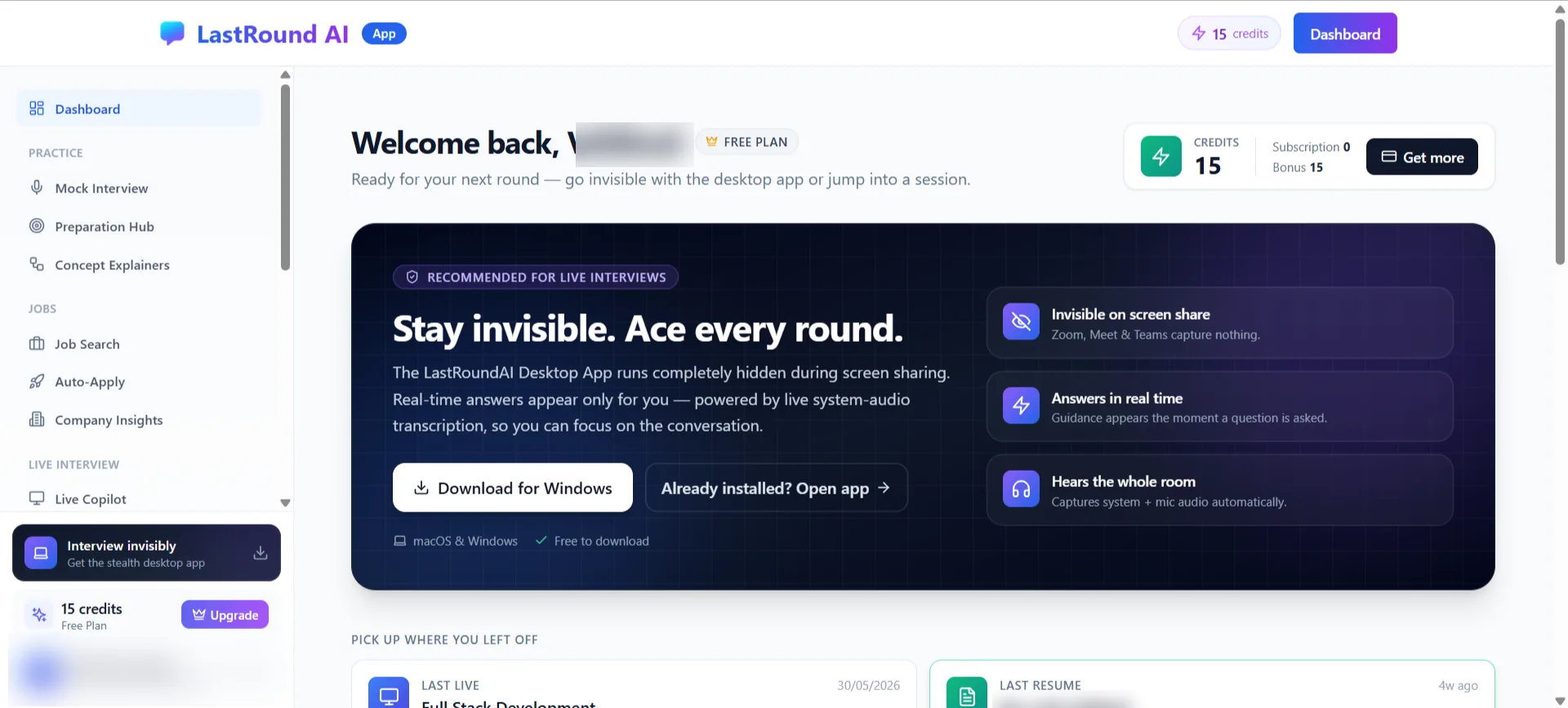LastRound AI dashboard showing the left sidebar, the credits panel and the desktop app download banner