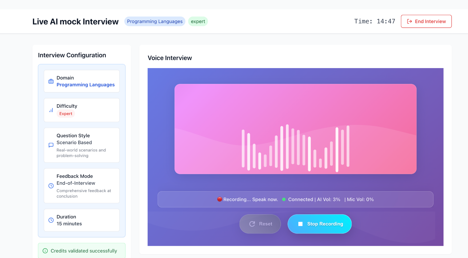 Live AI Mock Interview Interface